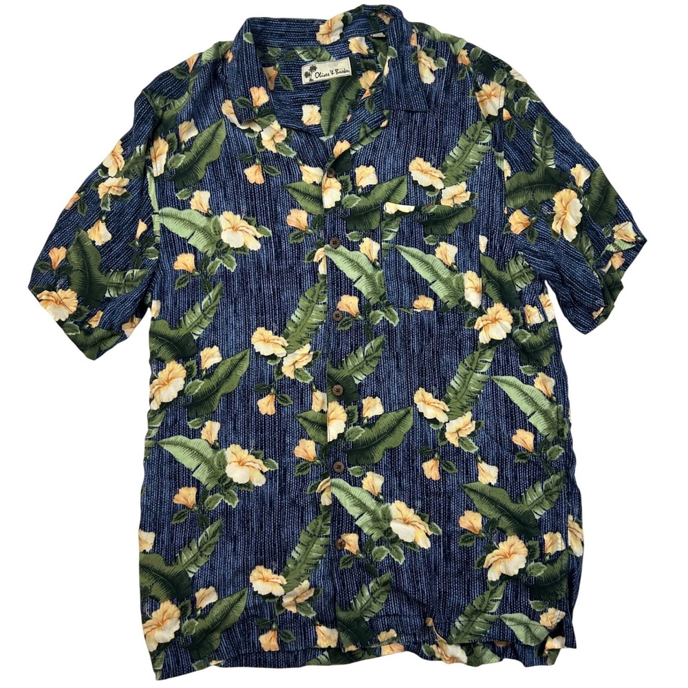 Oliver & Burke Mens XXL Tropical Hibiscus Floral Camp Shirt Blue Short Sleeve